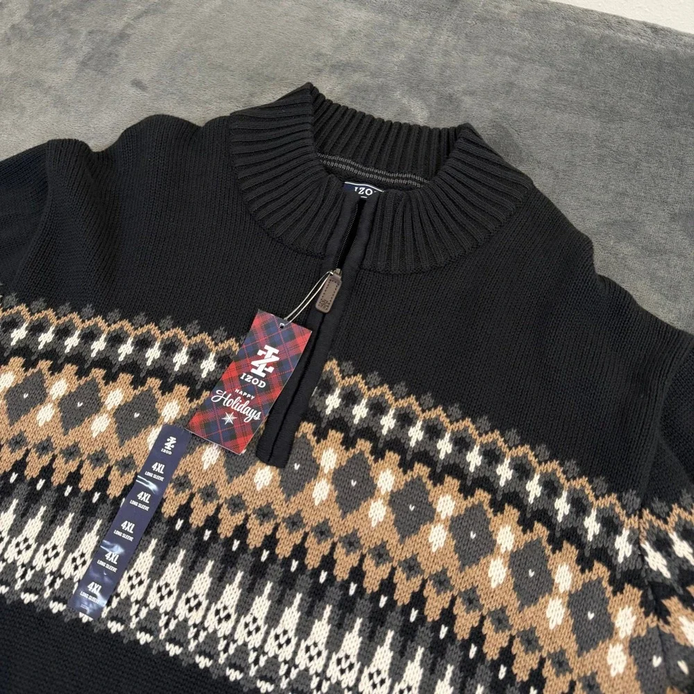 IZOD Fair Isle Quarter Zip Sweater Mens 4XB Big Black Cotton Blend Knit NWT